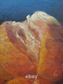 MAGNIFIQUE Peinture huile sur bois nature morte aux oranges, gargoulette, cuivre