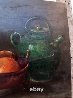 MAGNIFIQUE Peinture huile sur bois nature morte aux oranges, gargoulette, cuivre