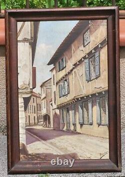 M. SARTRE. Vue Ruelle de Village Peinture huile sur panneau de bois