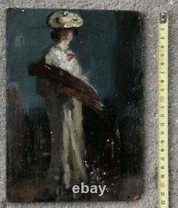 Magnifique Peinture 1900. Mystérieux Nocturne Avec Une Élégante Femme-artiste