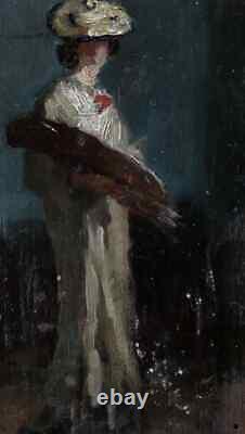 Magnifique Peinture 1900. Mystérieux Nocturne Avec Une Élégante Femme-artiste