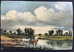 Magnifique Tableau Peinture par F Stering paysage animaux personnage XIXe