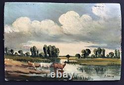 Magnifique Tableau Peinture par F Stering paysage animaux personnage XIXe