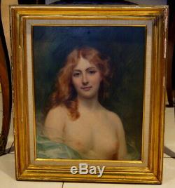 Magnifique portrait de femme aux seins nus huile sur panneau de bois