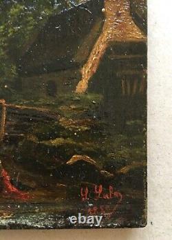 Maison en bord de rivière, Huile sur panneau signée et datée, Peinture, Fin XIXe