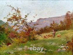 Marie COMBY (XIX-XXe) Paysage Bergère Doubs montagne moutons tableau