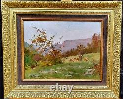Marie COMBY (XIX-XXe) Paysage Bergère Doubs montagne moutons tableau