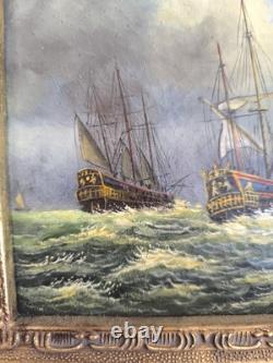 Marine Anglaise huile sur panneau de bois non signée Bateaux en mer