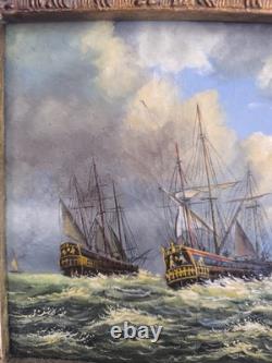 Marine Anglaise huile sur panneau de bois non signée Bateaux en mer