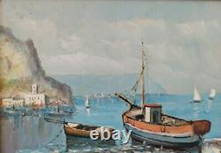 Marine-Golfe de Naples-Paysage côtier avec des bateaux-Peinture a l'huile signée