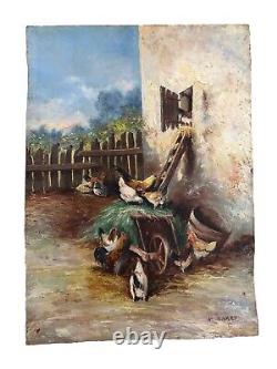 Marius BARET (XIX-XXème) Huile sur panneau de bois Basse cour