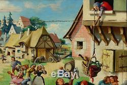 Maurice Juncker, 1946, La Fête au Village! Exceptionnel Grand Naïf! Top Qualité