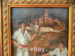 Miniature peinture vintage/Pays Basque/peinture sur panneau bois/cadre doré