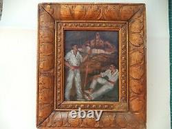 Miniature peinture vintage/Pays Basque/peinture sur panneau bois/cadre doré
