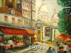 Montmartre en fête. Huile sur toile encadrée bois vert & or