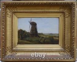 Moulin en Hollande. Auguste ANASTASI (1820-1889). Peintre français école barbizon