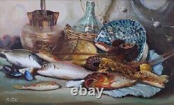 Nature Morte aux Poissons-Crustacés-Pichets Grande Peinture Huile Moderne signée