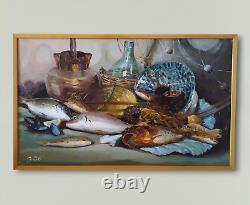 Nature Morte aux Poissons-Crustacés-Pichets Grande Peinture Huile Moderne signée