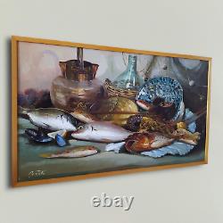 Nature Morte aux Poissons-Crustacés-Pichets Grande Peinture Huile Moderne signée