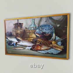Nature Morte aux Poissons-Crustacés-Pichets Grande Peinture Huile Moderne signée
