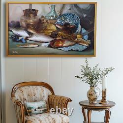 Nature Morte aux Poissons-Crustacés-Pichets Grande Peinture Huile Moderne signée