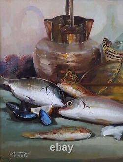 Nature Morte aux Poissons-Crustacés-Pichets Grande Peinture Huile Moderne signée