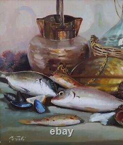 Nature Morte aux Poissons-Crustacés-Pichets Grande Peinture Huile Moderne signée