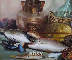 Nature Morte aux Poissons-Crustacés-Pichets Grande Peinture Huile Moderne signée