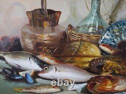 Nature Morte aux Poissons-Crustacés-Pichets Grande Peinture Huile Moderne signée
