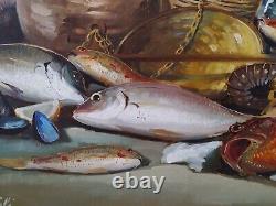Nature Morte aux Poissons-Crustacés-Pichets Grande Peinture Huile Moderne signée