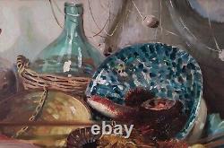 Nature Morte aux Poissons-Crustacés-Pichets Grande Peinture Huile Moderne signée