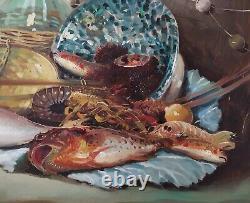 Nature Morte aux Poissons-Crustacés-Pichets Grande Peinture Huile Moderne signée