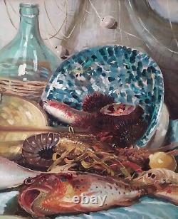 Nature Morte aux Poissons-Crustacés-Pichets Grande Peinture Huile Moderne signée