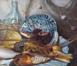Nature Morte aux Poissons-Crustacés-Pichets Grande Peinture Huile Moderne signée