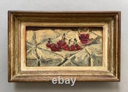 Nature morte aux cerises, huile sur panneau signée Moretti, tableau, peinture
