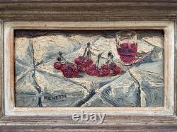 Nature morte aux cerises, huile sur panneau signée Moretti, tableau, peinture