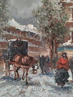 Neige à Paris Vieille Scène de Rue Belle Époque Peinture Huile originale signée