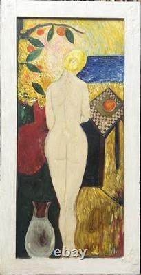 Nude Female Girl, Large Original Vintage Oil Painting XX Century, Framed
