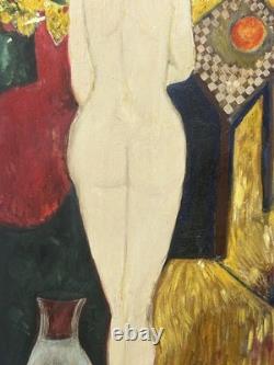 Nude Female Girl, Large Original Vintage Oil Painting XX Century, Framed