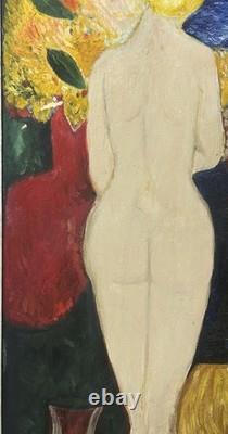 Nude Female Girl, Large Original Vintage Oil Painting XX Century, Framed