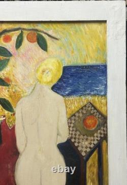 Nude Female Girl, Large Original Vintage Oil Painting XX Century, Framed