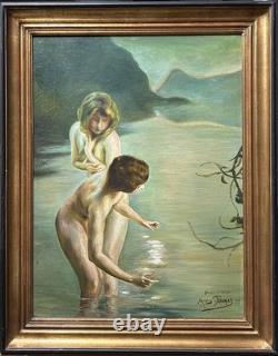 Nude Women Scene Bathing, Hand Made Antique Oil Painting 1950 Signed, Framed
