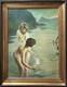 Nude Women Scene Bathing, Hand Made Antique Oil Painting 1950 Signed, Framed