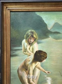 Nude Women Scene Bathing, Hand Made Antique Oil Painting 1950 Signed, Framed