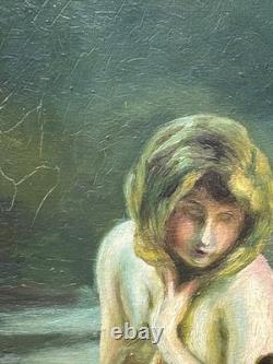 Nude Women Scene Bathing, Hand Made Antique Oil Painting 1950 Signed, Framed