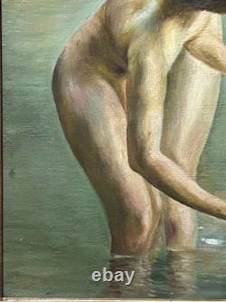 Nude Women Scene Bathing, Hand Made Antique Oil Painting 1950 Signed, Framed