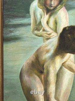 Nude Women Scene Bathing, Hand Made Antique Oil Painting 1950 Signed, Framed
