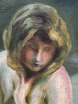 Nude Women Scene Bathing, Hand Made Antique Oil Painting 1950 Signed, Framed