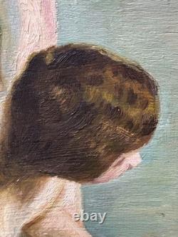 Nude Women Scene Bathing, Hand Made Antique Oil Painting 1950 Signed, Framed