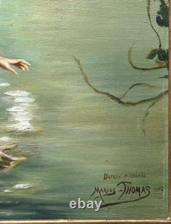 Nude Women Scene Bathing, Hand Made Antique Oil Painting 1950 Signed, Framed